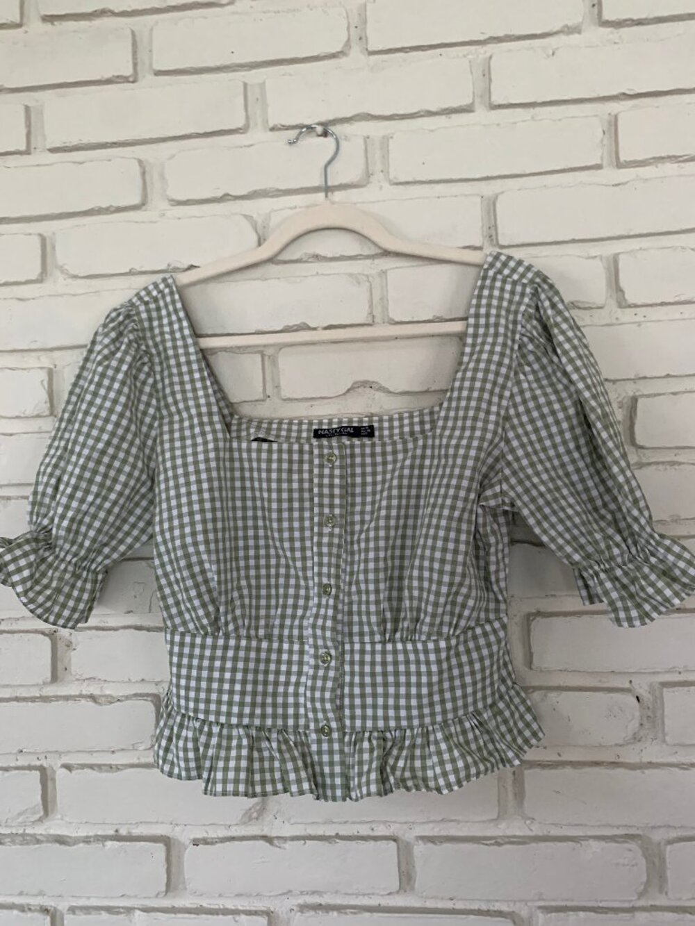 Green Gingham crop-top with Square Neckline, puff sleeves, and buttons